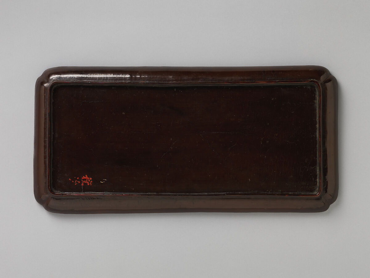 Rectangular tray with flowering plums and birds, Black lacquer with mother-of-pearl inlay, China