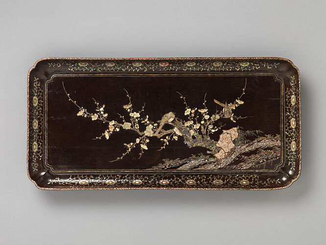 Rectangular tray with flowering plums and birds