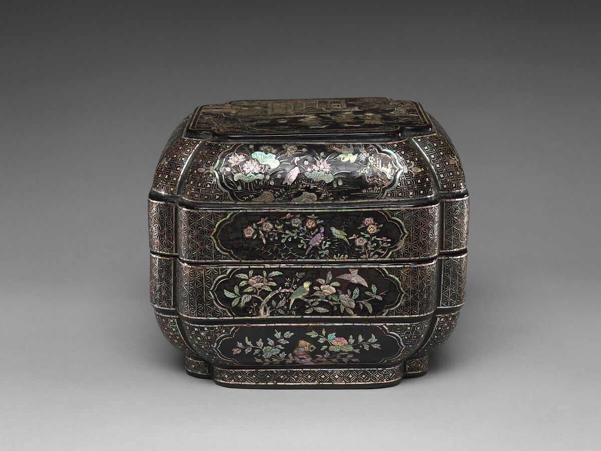 Tiered Box with Figural Scenes, Flowers, and Birds, Black lacquer with mother-of-pearl inlay, China