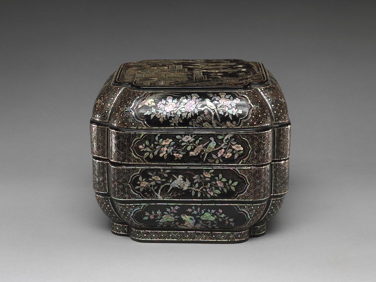 Tiered Box with Figural Scenes, Flowers, and Birds, Black lacquer with mother-of-pearl inlay, China
