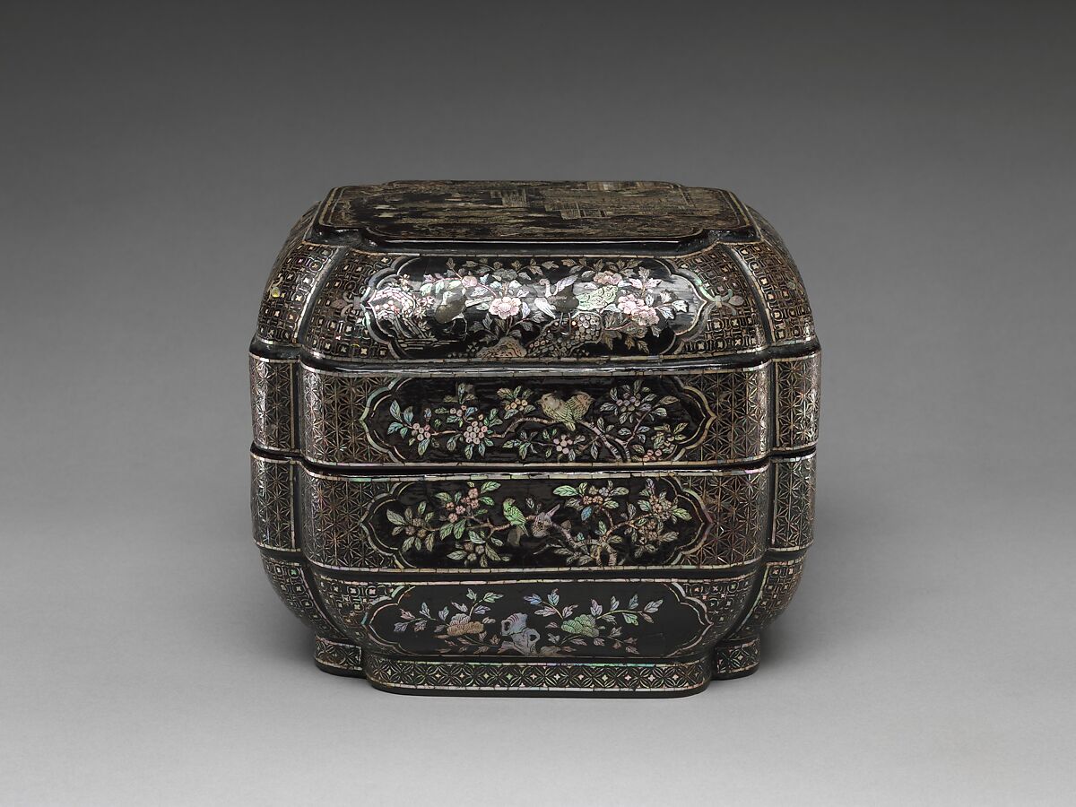 Tiered Box with Figural Scenes, Flowers, and Birds, Black lacquer with mother-of-pearl inlay, China