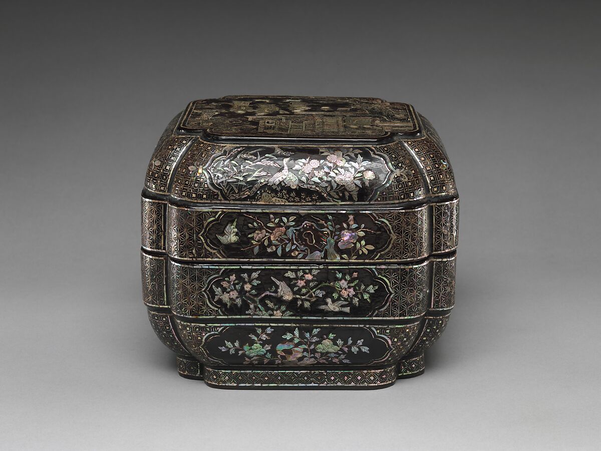 Tiered Box with Figural Scenes, Flowers, and Birds, Black lacquer with mother-of-pearl inlay, China