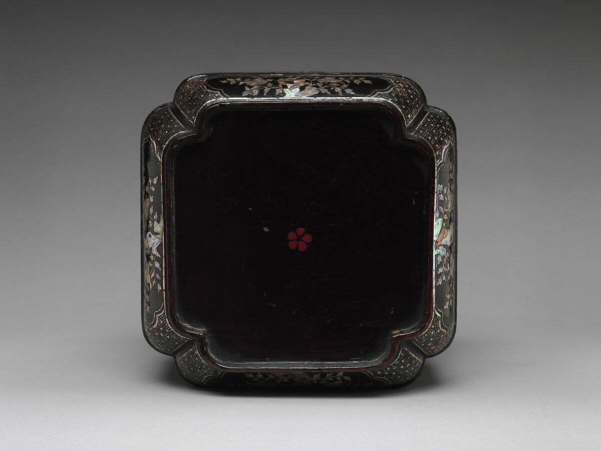 Tiered Box with Figural Scenes, Flowers, and Birds, Black lacquer with mother-of-pearl inlay, China
