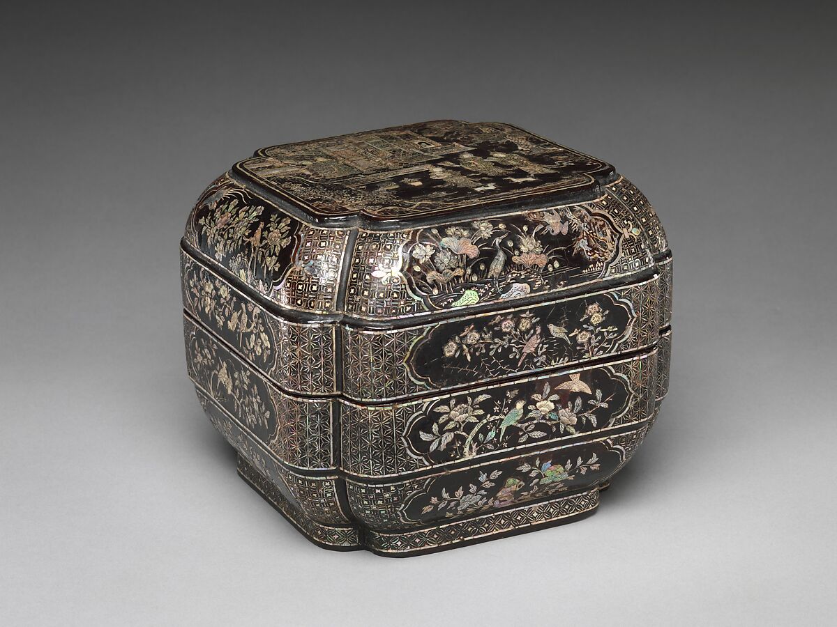 Tiered Box with Figural Scenes, Flowers, and Birds, Black lacquer with mother-of-pearl inlay, China 