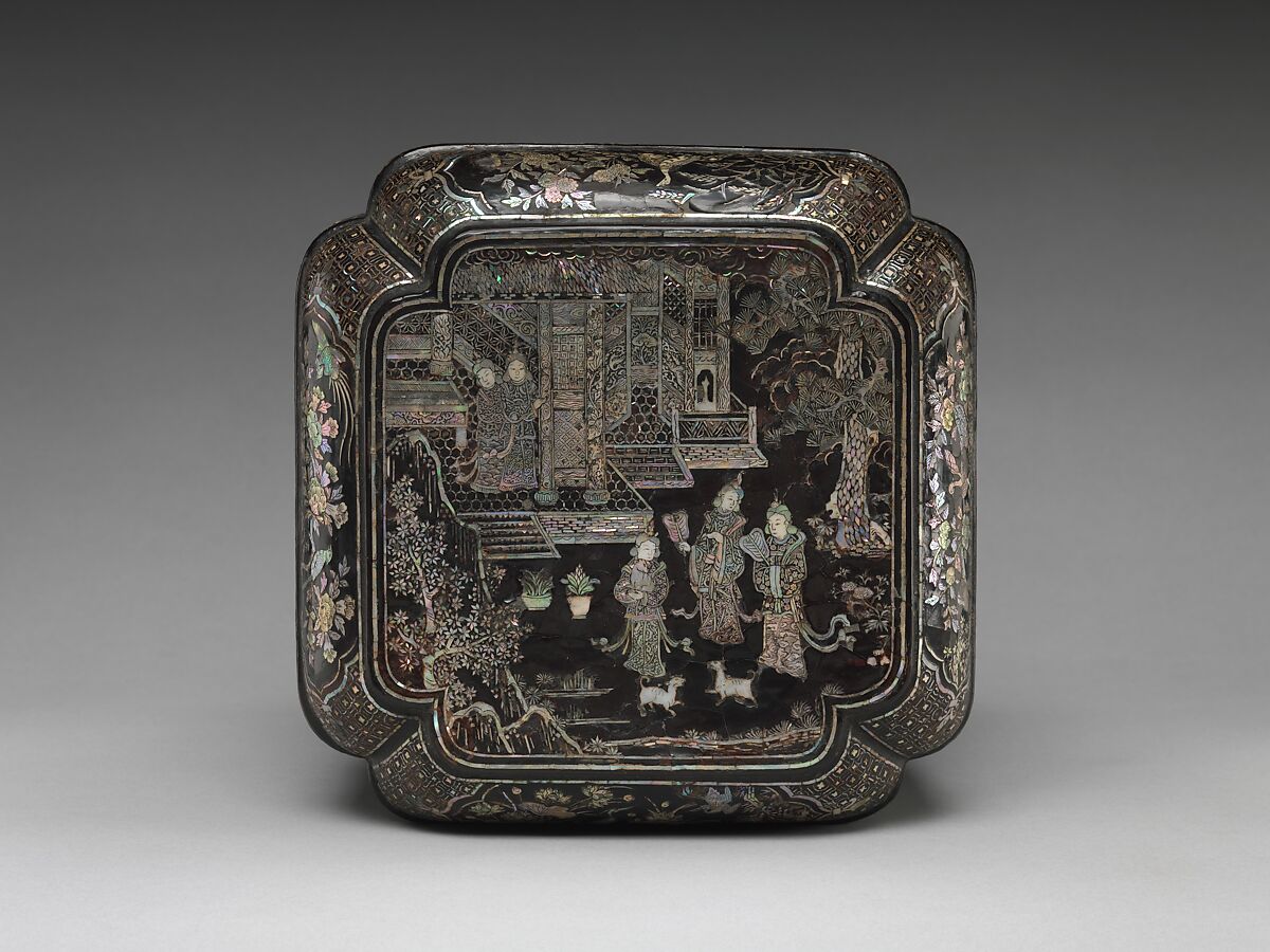 Tiered Box with Figural Scenes, Flowers, and Birds, Black lacquer with mother-of-pearl inlay, China