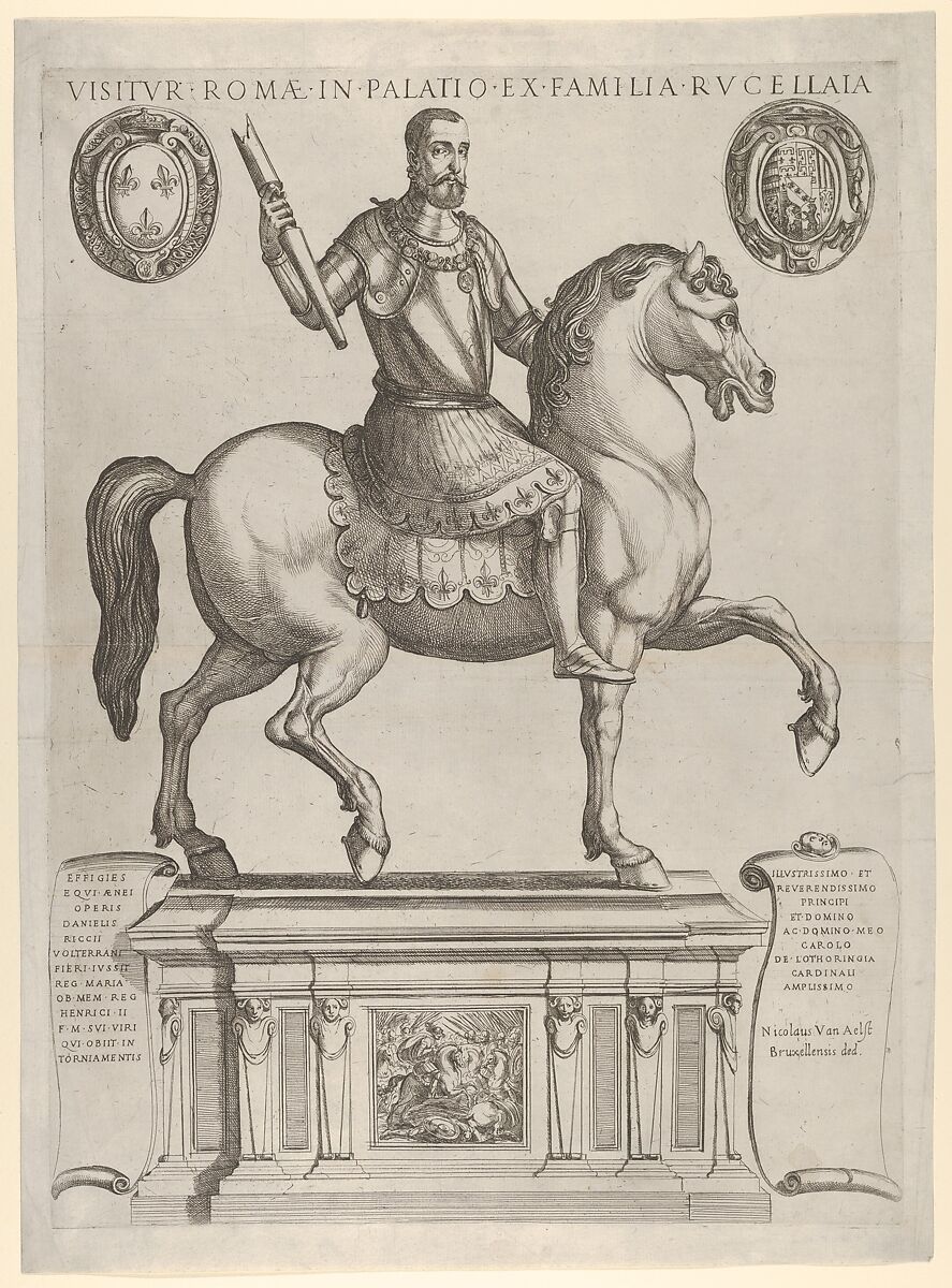 Equestrian Statue of Henry II, King of France, in the Palazzo Rucellai by Daniele de Volterra, Antonio Tempesta  Italian, Etching