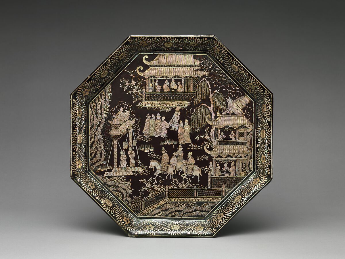 Tray with scholars, Black lacquer with mother-of-pearl inlay, China 