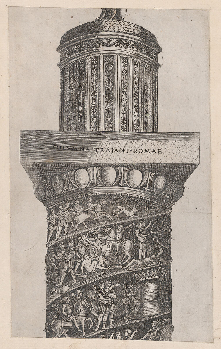 The upper portion of Trajan's Column, showing arabesque work on the crowning turret, from "Speculum Romanae Magnificentiae", Monogrammist G.A. &amp; the Caltrop (Italian, 1530–1540), Engraving 
