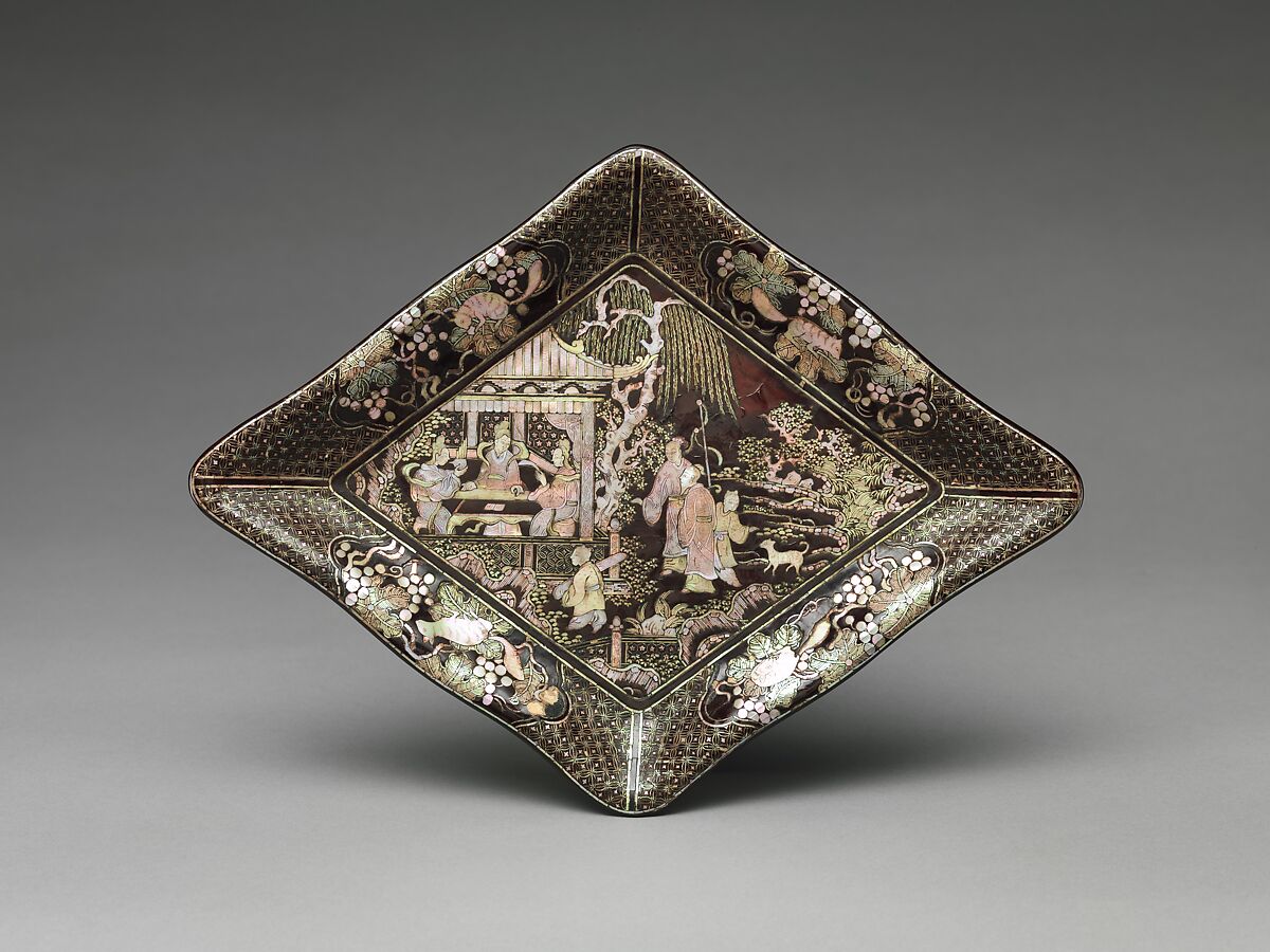 Lozenge-Shaped Dish with Garden Scene, Black lacquer with mother-of-pearl inlay and gold and silver foil, China 
