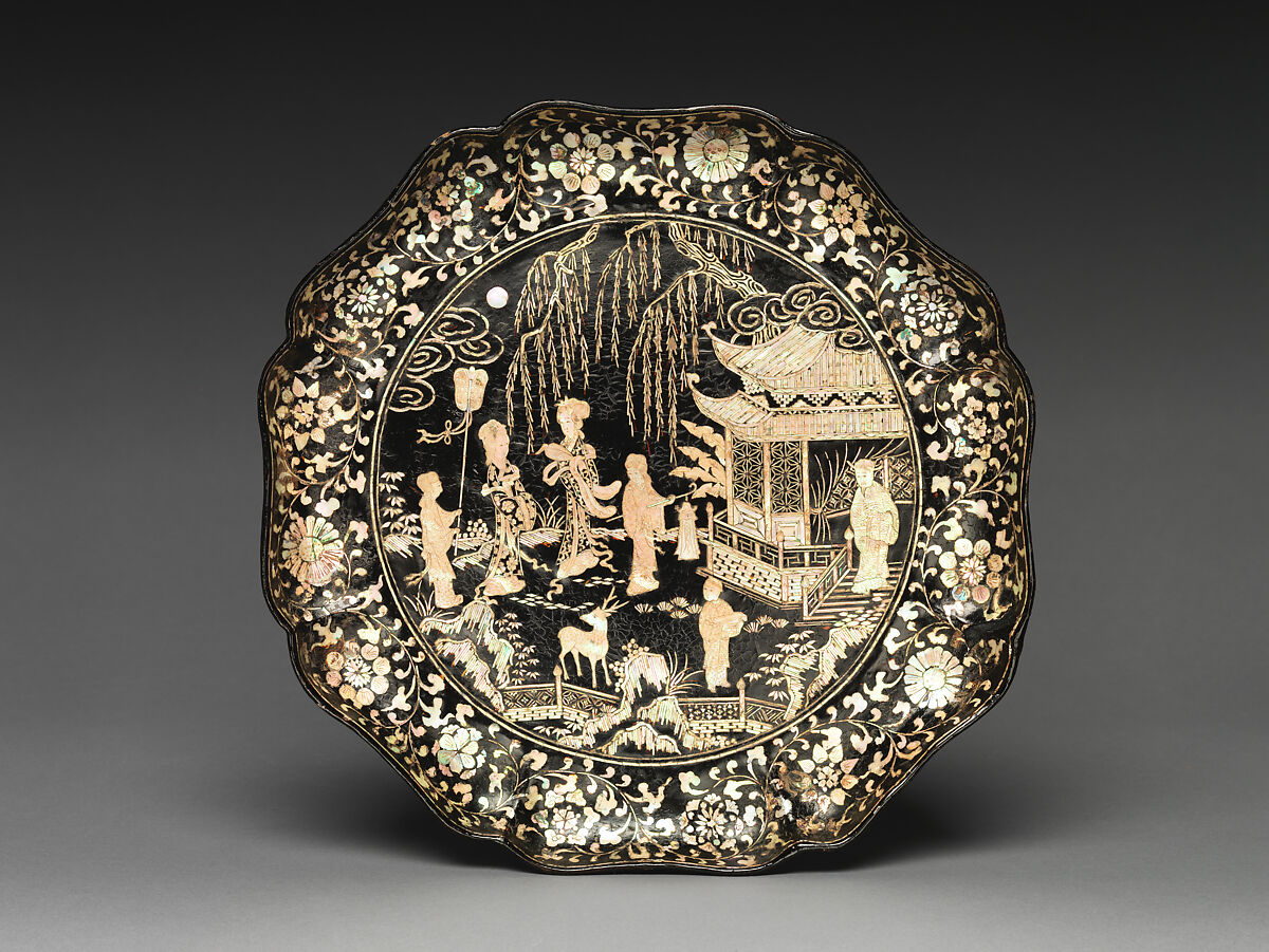 Dish with figures in a landscape, Black lacquer with inlaid mother-of-pearl, China 