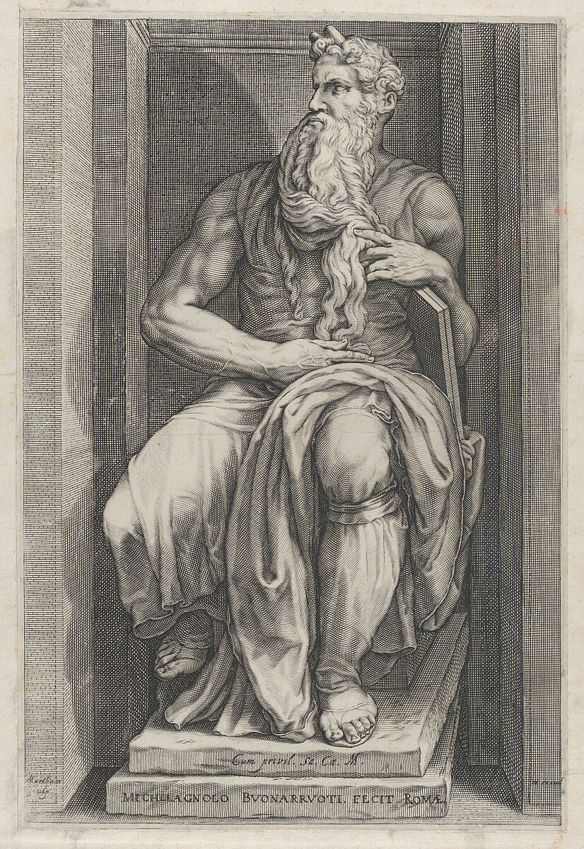 Moses, after the sculpture by Michelangelo, from "Speculum Romanae Magnificentiae", Jacob Matham (Netherlandish, Haarlem 1571–1631 Haarlem), Engraving 