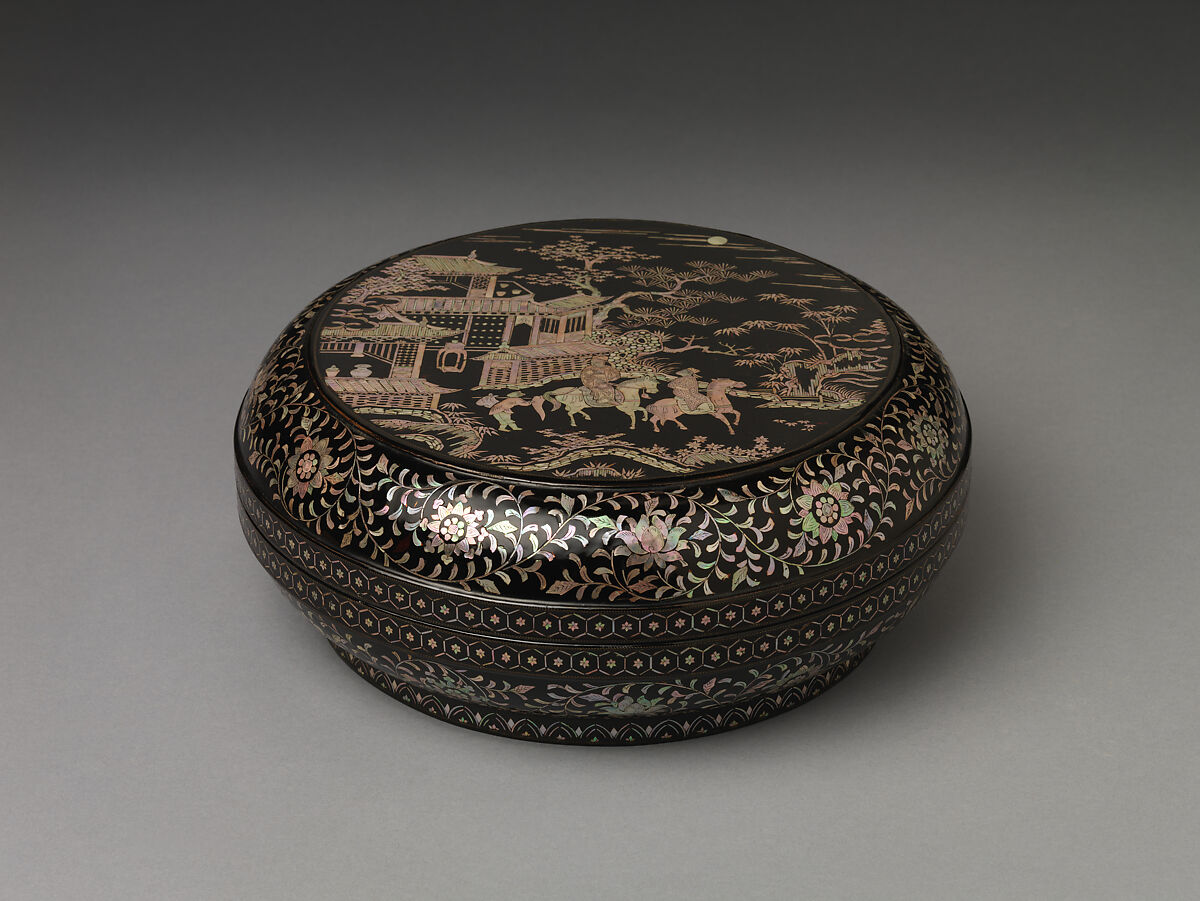 Box with Scenes of a Departure, Black lacquer with mother-of-pearl inlay; pewter wire, China