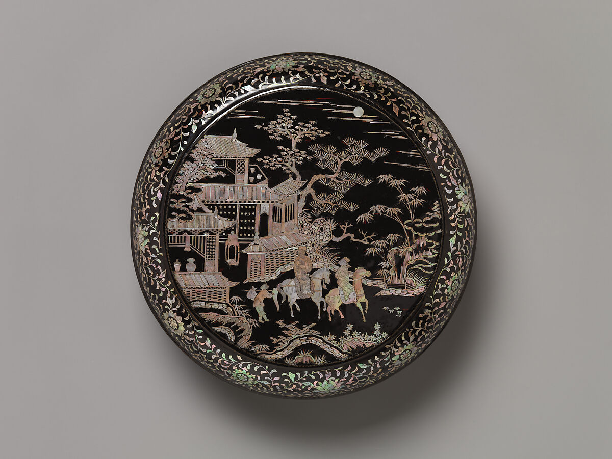 Box with Scenes of a Departure, Black lacquer with mother-of-pearl inlay; pewter wire, China 