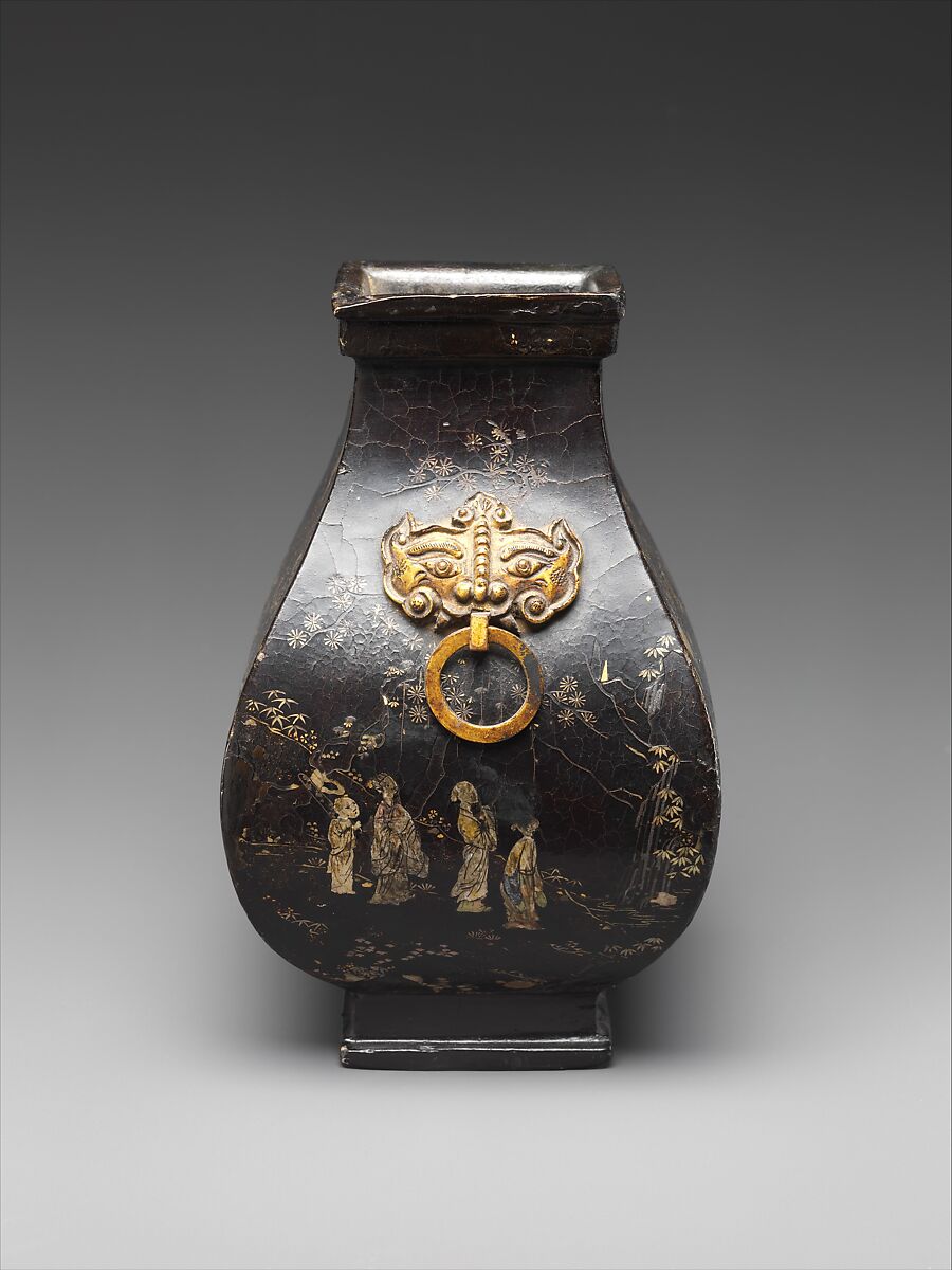 Fang-shaped vase, Bronze with gilding and black lacquer with mother-of-pearl inlay, China