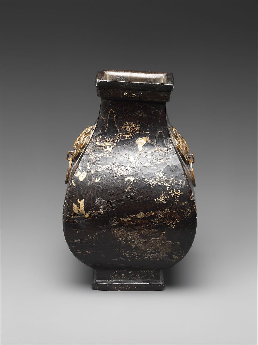 Fang-shaped vase, Bronze with gilding and black lacquer with mother-of-pearl inlay, China