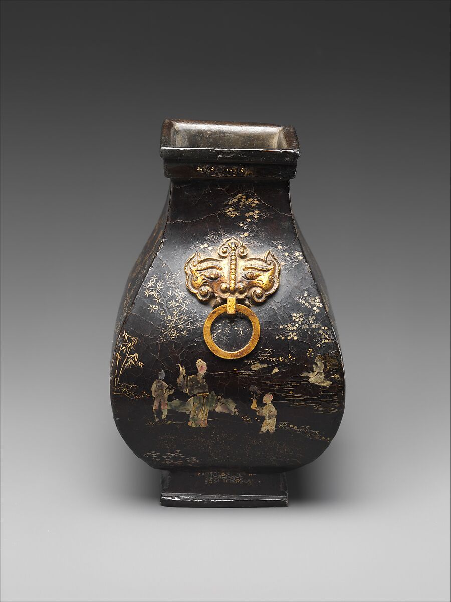 Fang-shaped vase, Bronze with gilding and black lacquer with mother-of-pearl inlay, China