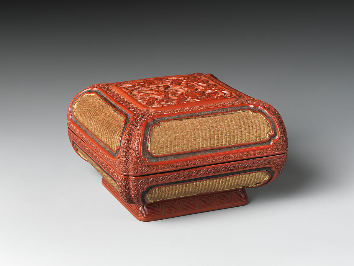 Box with plum blossoms and birds, Carved red lacquer; gilded basketry panels, China 