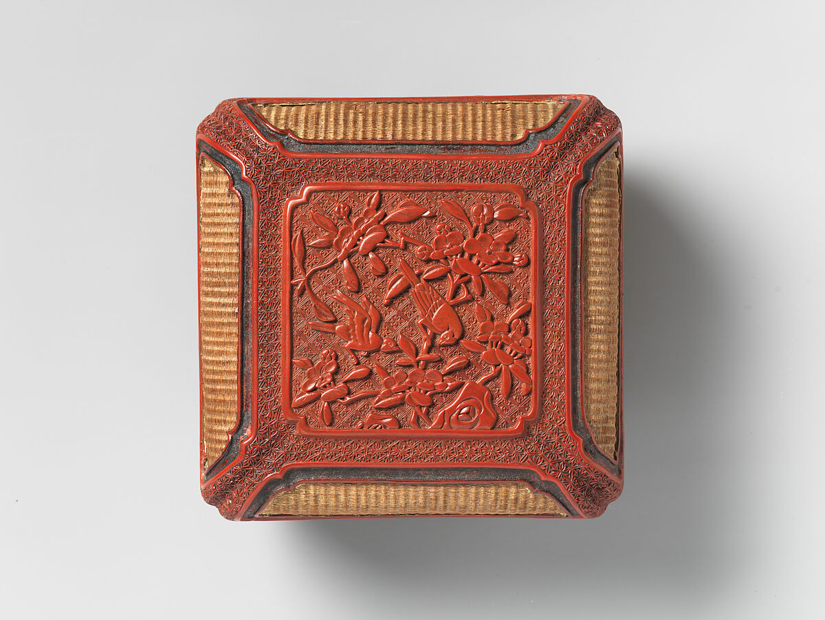 Box with plum blossoms and birds, Carved red lacquer; gilded basketry panels, China