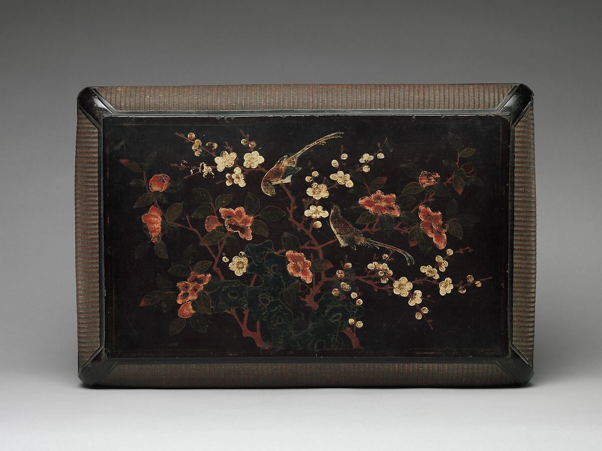 Box with gardenia, plum blossoms, and finches, Black lacquer painted with lacquer and oil-based pigments; basketry panels, China