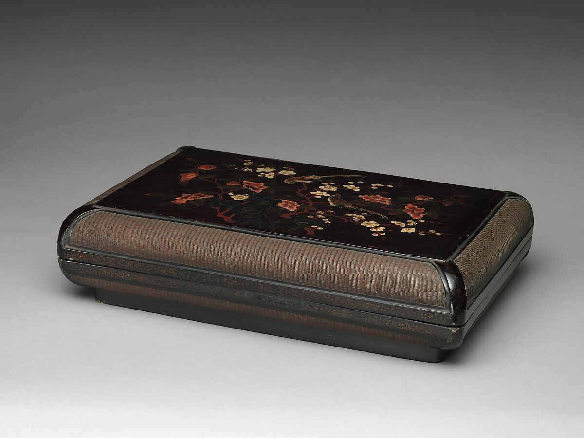 Box with gardenia, plum blossoms, and finches, Black lacquer painted with lacquer and oil-based pigments; basketry panels, China 