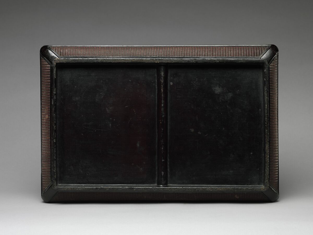 Box with gardenia, plum blossoms, and finches, Black lacquer painted with lacquer and oil-based pigments; basketry panels, China