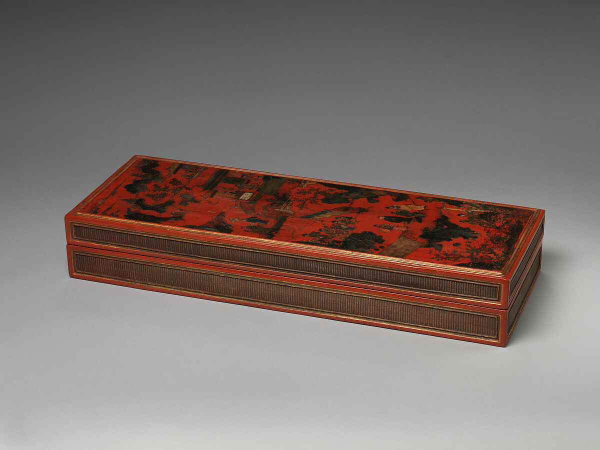 Rectangular Box with Scene of a Reception, Red lacquer painted with lacquer and oil colors; basketry panels, China 