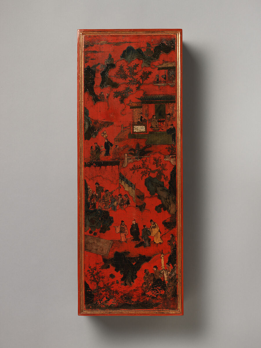 Rectangular Box with Scene of a Reception, Red lacquer painted with lacquer and oil colors; basketry panels, China