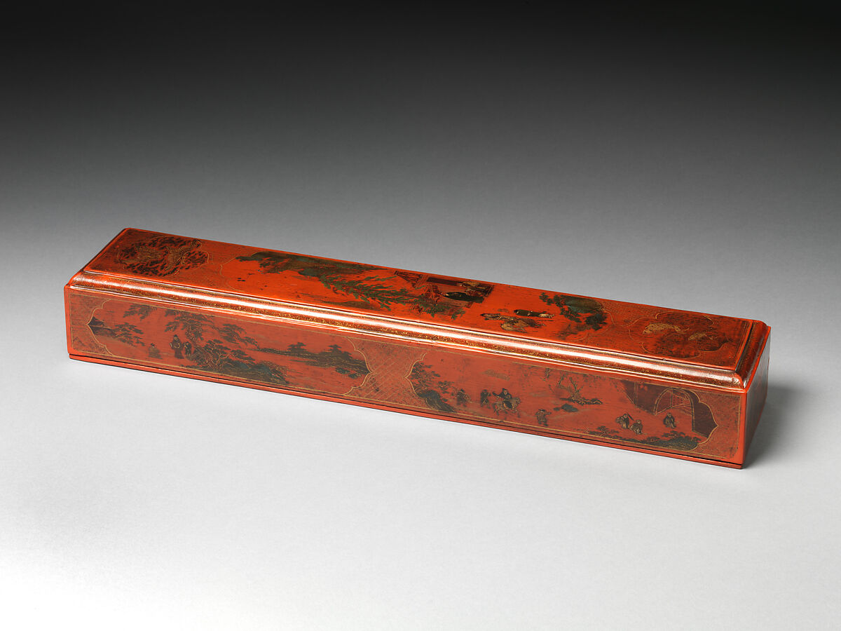 Rectangular box with scene of a visit, Red lacquer painted with gold and oil colors, China 