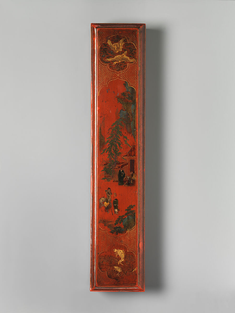 Rectangular box with scene of a visit, Red lacquer painted with gold and oil colors, China