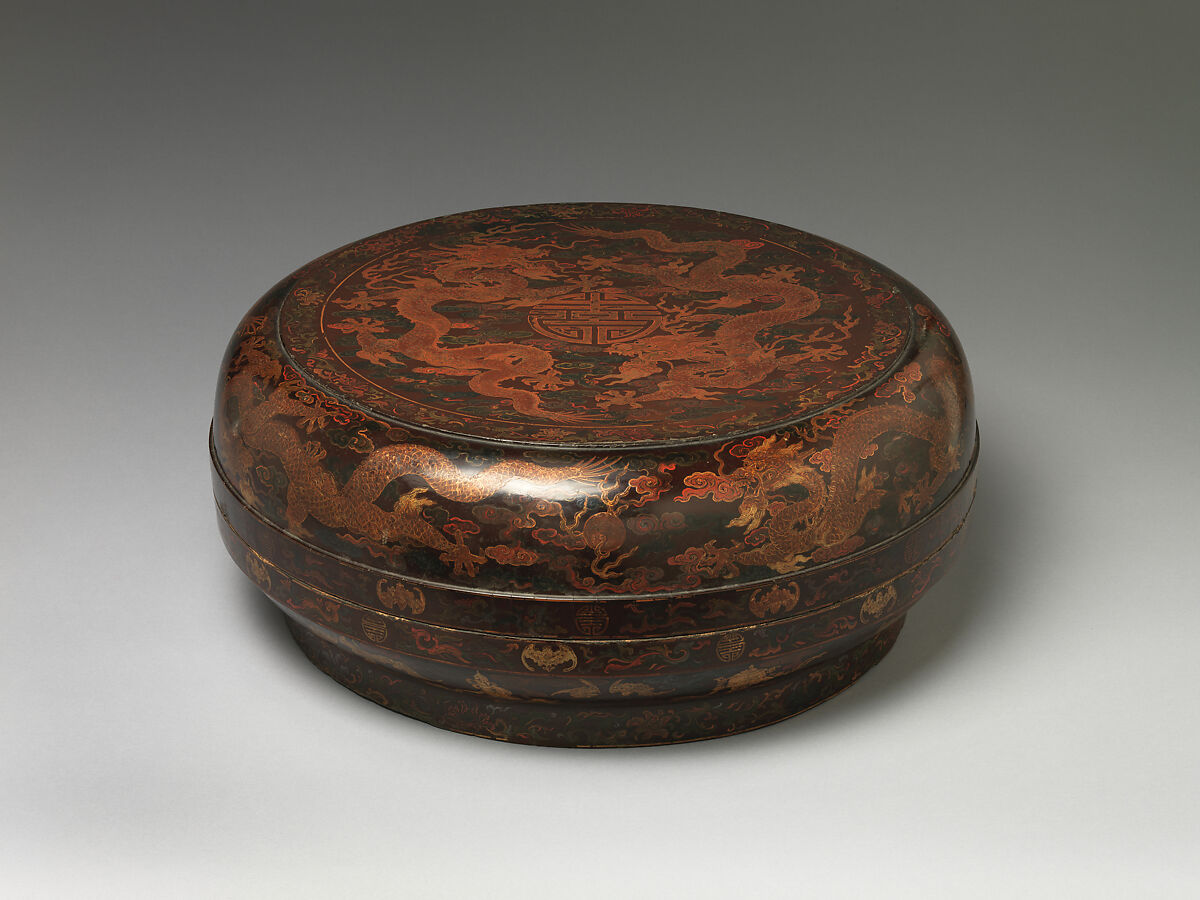 Circular Food Box with Dragons and the Character Shou (Longevity), Black and red lacquer painted with gold, lacquer, and oil colors, China 