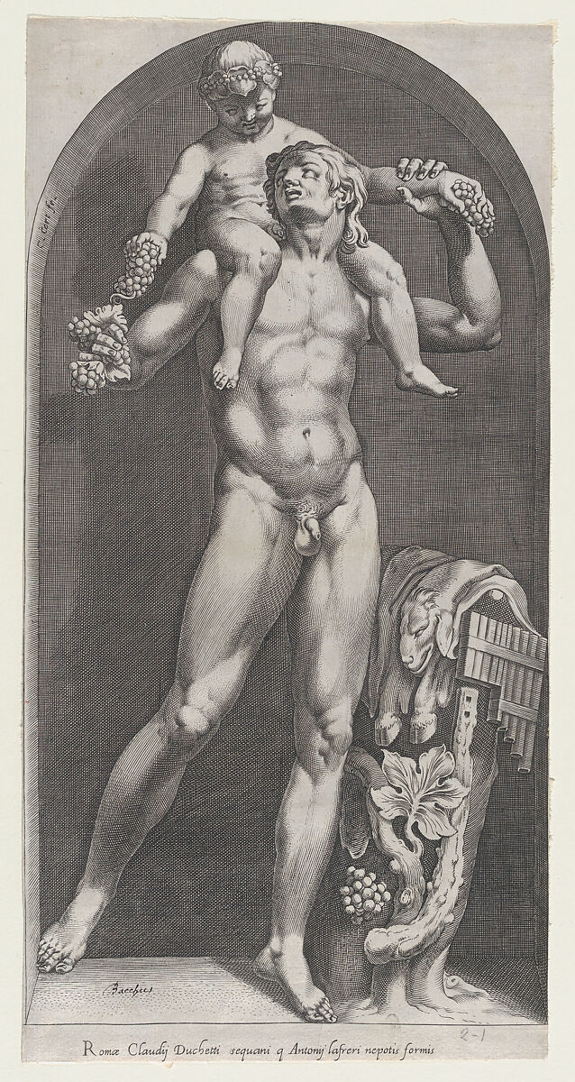 Bacchus on the Shoulders of a Satyr, from "Speculum Romanae Magnificentiae", Cornelis Cort (Netherlandish, Hoorn ca. 1533–1578 Rome), Engraving 