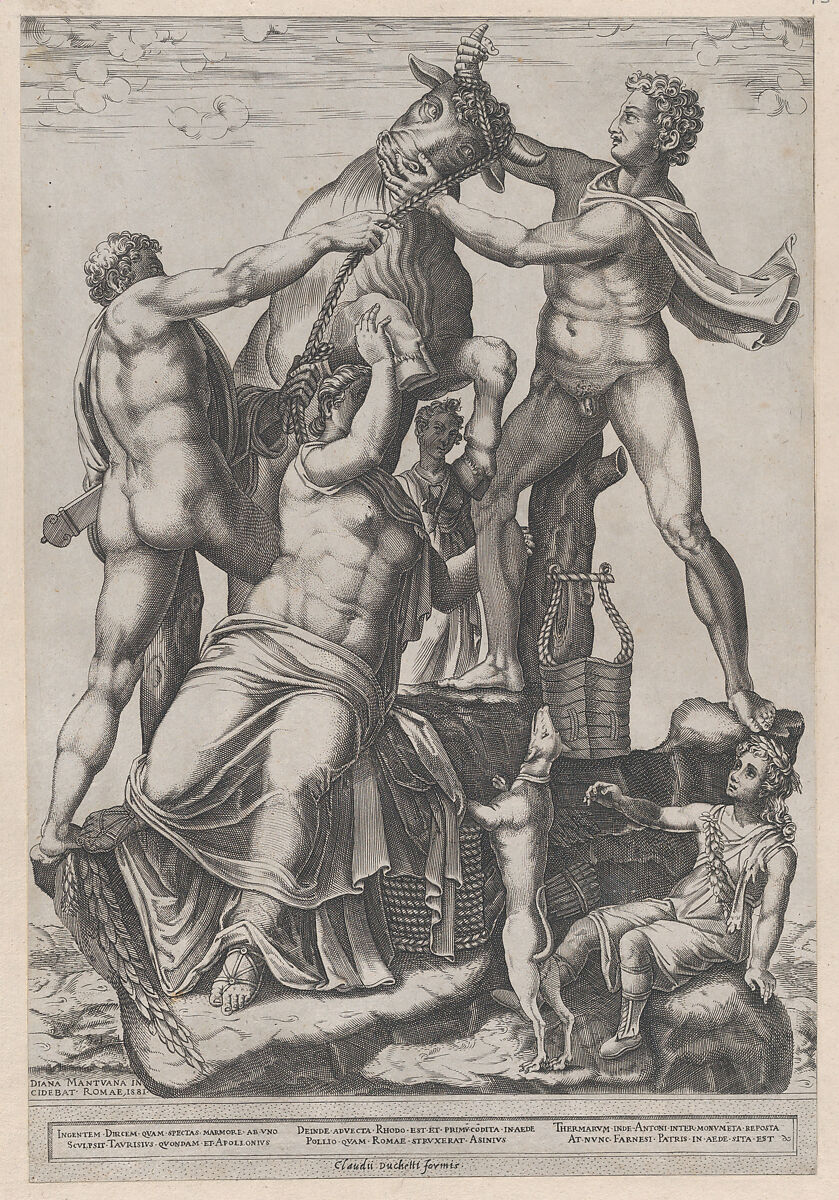 Amphion and Zethus Tying Dirce to a Wild Bull [The Farnese Bull], from "Speculum Romanae Magnificentiae", Diana Scultori (Italian, Mantua ca. 1535?–after 1588 Rome), Engraving 