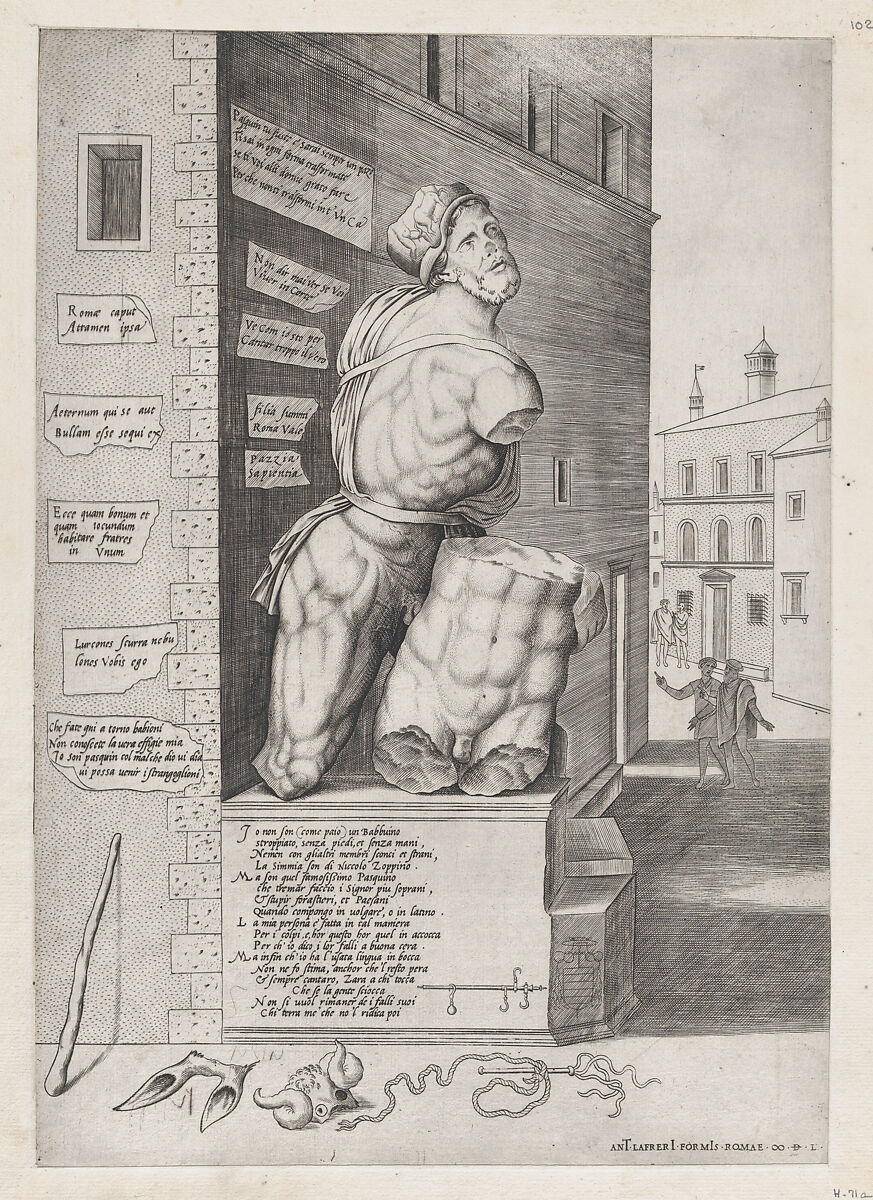 Speculum Romanae Magnificentiae: Statue of Pasquin in the House of Cardinal Ursino, After Nicolas Beatrizet (French, Lunéville 1515–ca. 1566 Rome (?)), Engraving and etching 