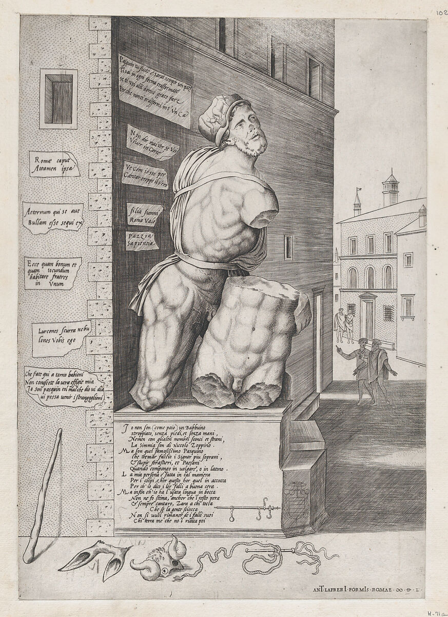 Statue of Pasquin in the House of Cardinal Ursino, from "Speculum Romanae Magnificentiae", After Nicolas Beatrizet (French, Lunéville 1515–ca. 1566 Rome (?)), Engraving and etching 