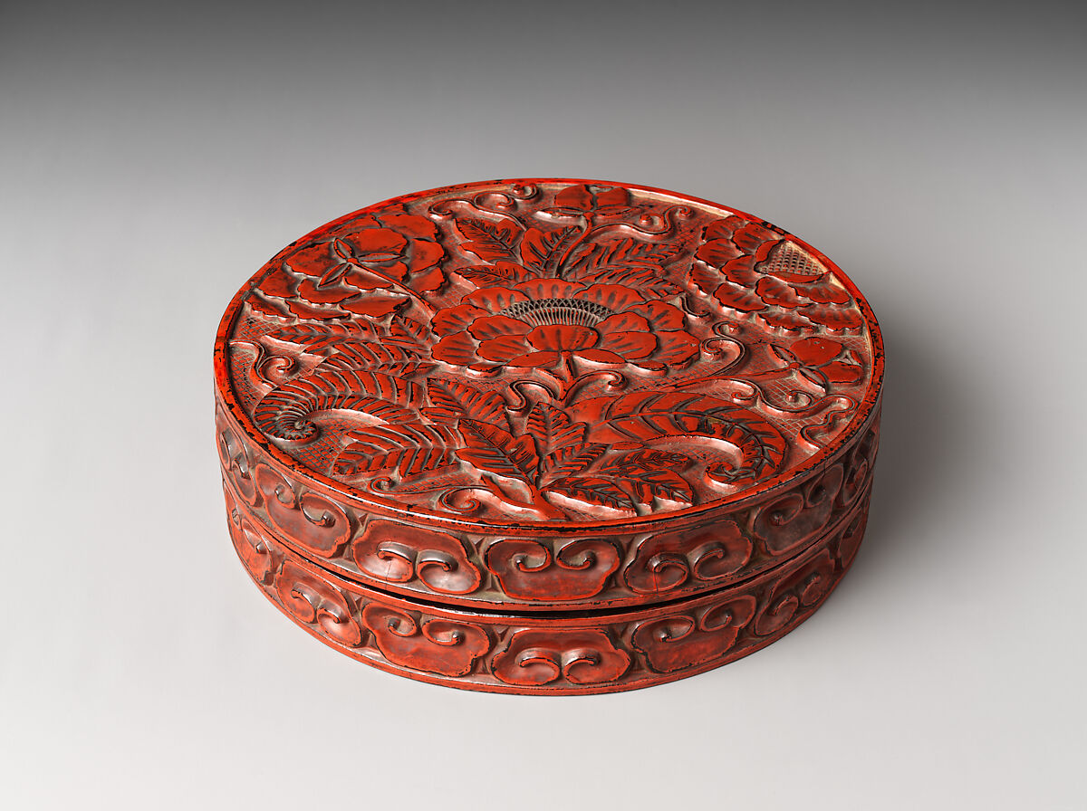 Covered Incense Box (Kōgō) with Tree Peonies, Carved wood with red and black lacquer; Kamakura-bori ware, Japan