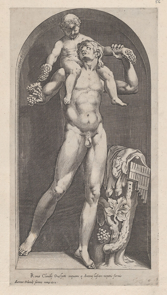 Bacchus on the Shoulders of a Satyr, from "Speculum Romanae Magnificentiae", Cornelis Cort (Netherlandish, Hoorn ca. 1533–1578 Rome), Engraving 