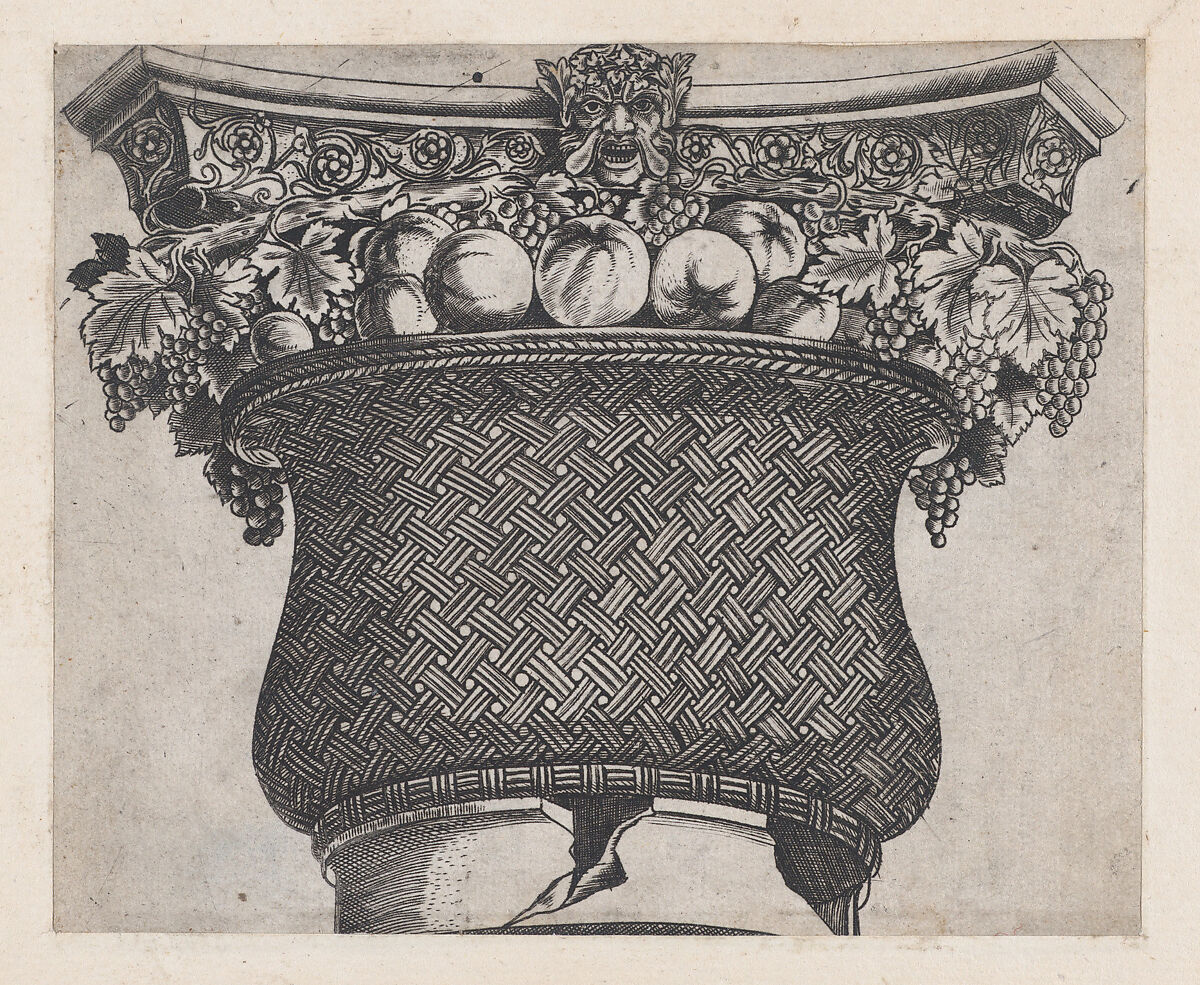 Basket capital with fruit and satyr head, from "Speculum Romanae Magnificentiae", Monogrammist G.A. &amp; the Caltrop (Italian, 1530–1540), Engraving 