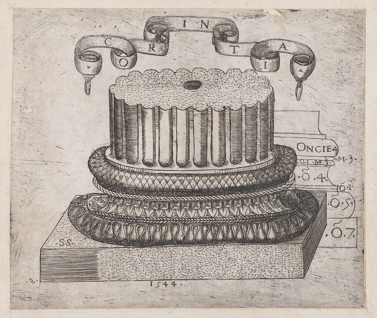 Corinthian base, from "Speculum Romanae Magnificentiae", Sebastiano Serlio (Italian, Bologna 1475–1554 Fontainebleau), Etching 