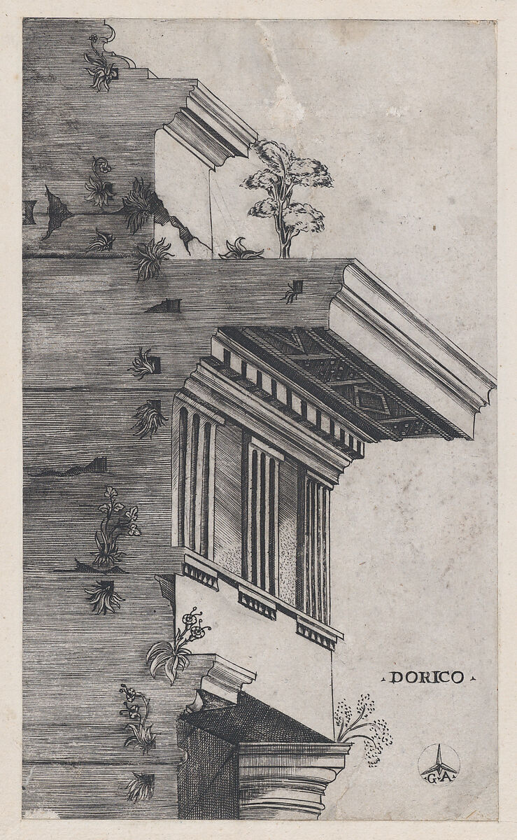 Doric order, from "Speculum Romanae Magnificentiae", Monogrammist G.A. &amp; the Caltrop (Italian, 1530–1540), Engraving 