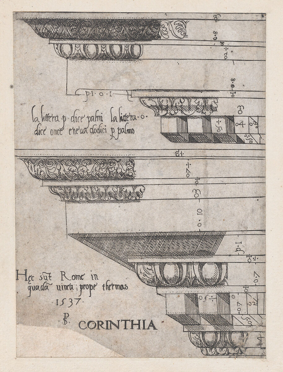 Corinthian entablature, from "Speculum Romanae Magnificentiae", Master PS (Italian or French, active 1530s), Engraving 
