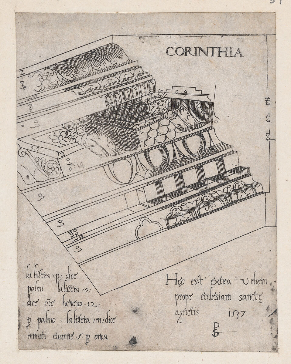 Corinthian entablature, from "Speculum Romanae Magnificentiae", Master PS (Italian or French, active 1530s), Engraving 