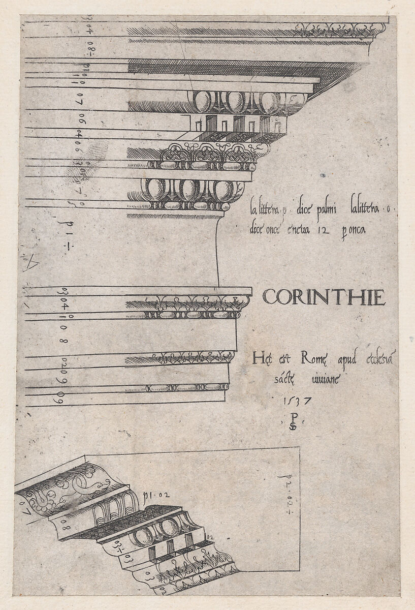 Corinthian entablature from Santa Bibiana, Rome, from "Speculum Romanae Magnificentiae", Master PS (Italian or French, active 1530s), Engraving 