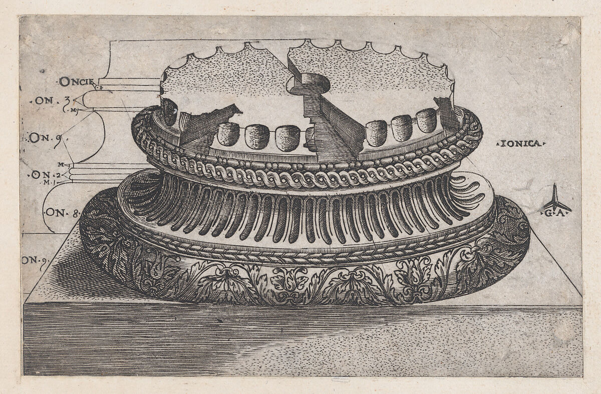 Ionic base, from "Speculum Romanae Magnificentiae", Monogrammist G.A. &amp; the Caltrop (Italian, 1530–1540), Engraving 