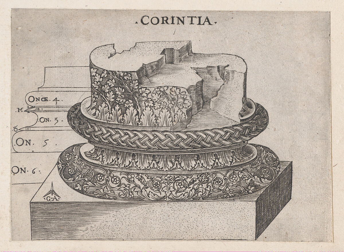 Corinthian base, from "Speculum Romanae Magnificentiae", Monogrammist G.A. &amp; the Caltrop (Italian, 1530–1540), Engraving 