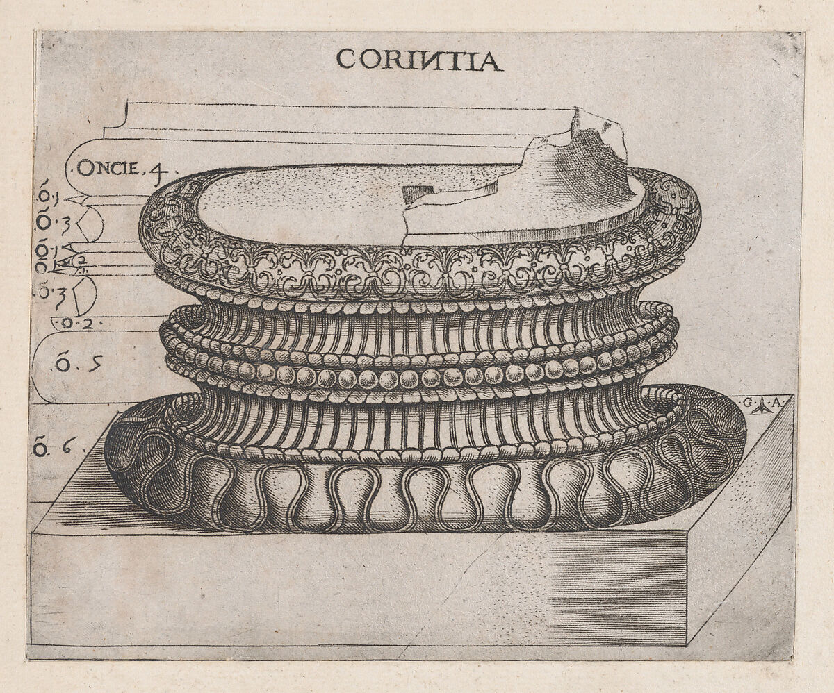 Corinthian base, from "Speculum Romanae Magnificentiae", Monogrammist G.A. &amp; the Caltrop (Italian, 1530–1540), Engraving 