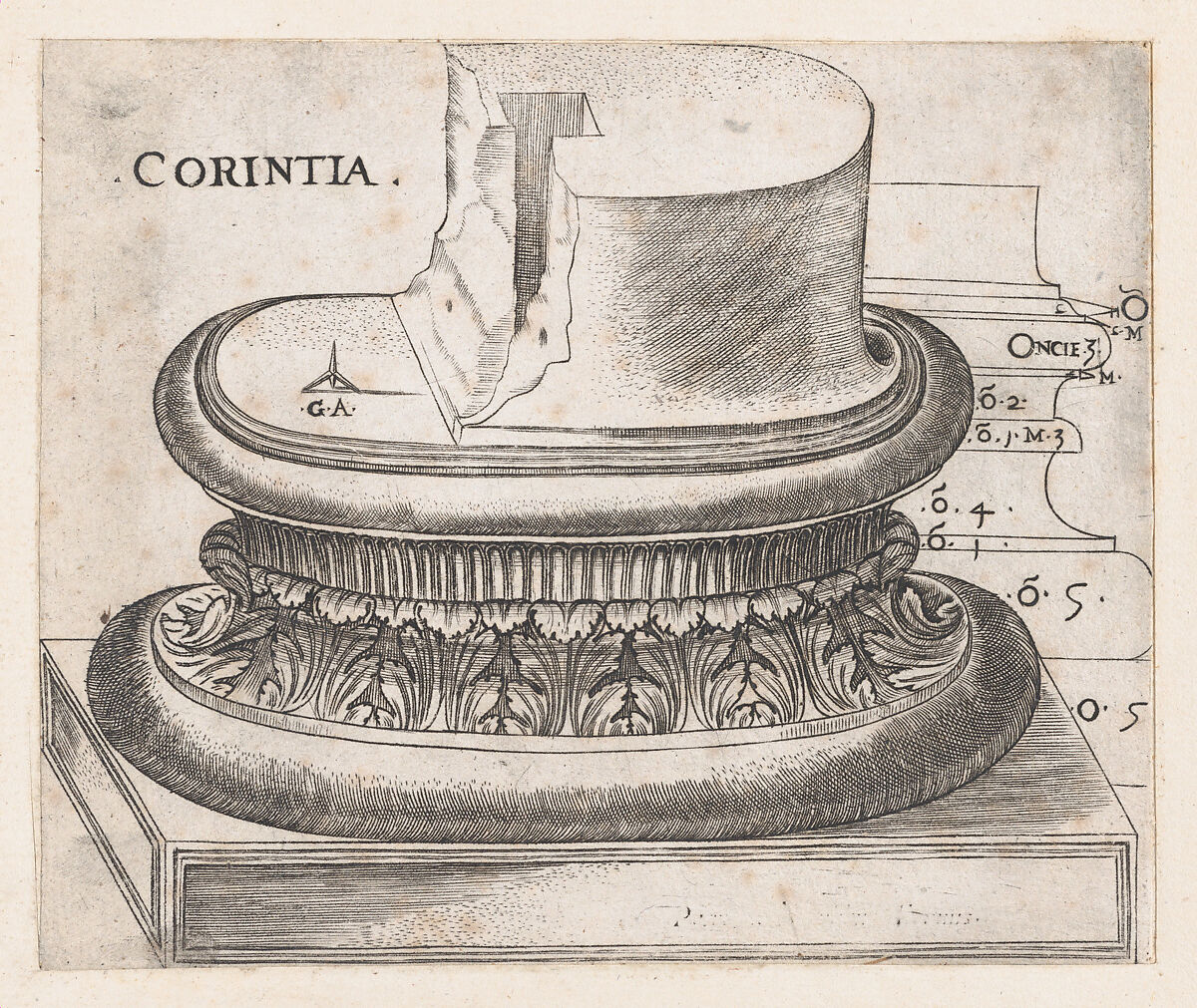 Corinthian base, from "Speculum Romanae Magnificentiae", Monogrammist G.A. &amp; the Caltrop (Italian, 1530–1540), Engraving 