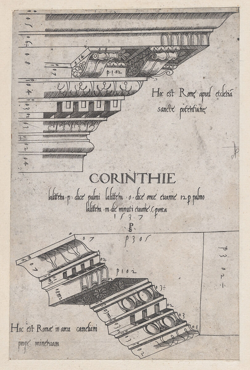 Entablatures from Santa Pudenziana and the Arch of Camigliano, from "Speculum Romanae Magnificentiae", Master PS (Italian or French, active 1530s), Engraving 