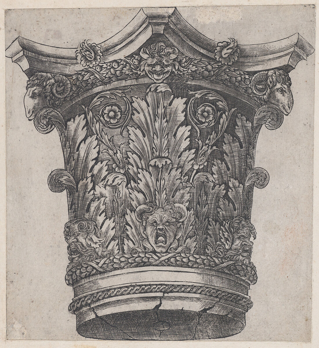 Capital with ram heads and masks, from "Speculum Romanae Magnificentiae", Monogrammist G.A. &amp; the Caltrop (Italian, 1530–1540), Engraving 