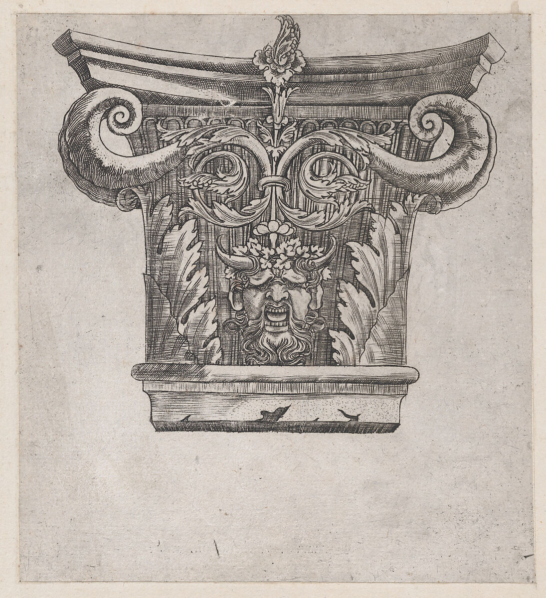 Capital with peapod volutes and satyr head, from "Speculum Romanae Magnificentiae", Monogrammist G.A. &amp; the Caltrop (Italian, 1530–1540), Engraving 