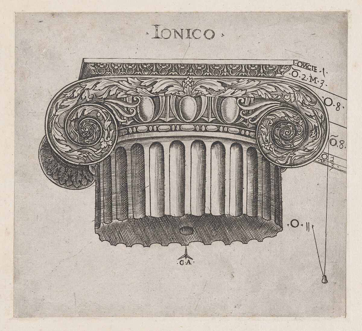 Ionic capital, from "Speculum Romanae Magnificentiae", Monogrammist G.A. &amp; the Caltrop (Italian, 1530–1540), Engraving 